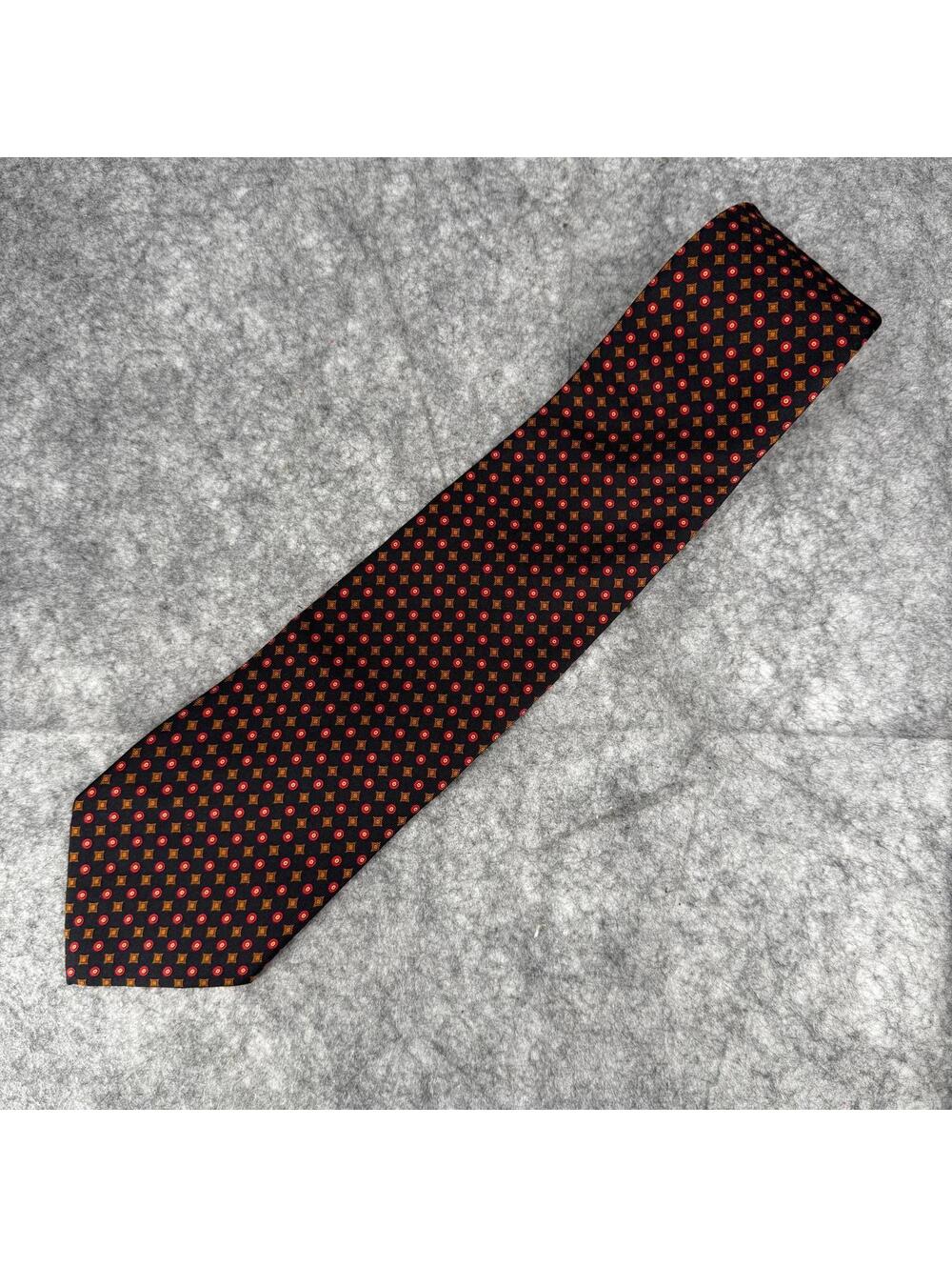 Brooks Brothers 346 Silk Tie Black Geometric Red Circles Brown Squares 56L 3.75W